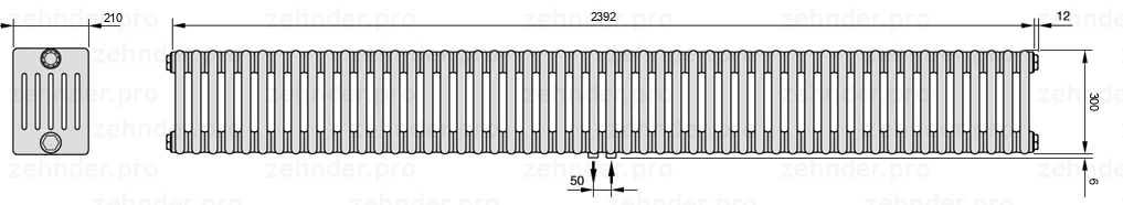Схема (чертеж) Радиатор Zehnder Charleston 6030/52 №5410 Белый глянцевый RAL 9016